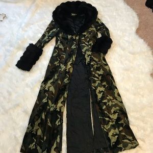 Vintage Lip Service fuzzy camouflage duster coat S